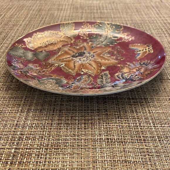 Burgundy Gold Green Floral Decorative Oriental Plate Gold Rim Raised Gold Accent - Picture 6 of 8
